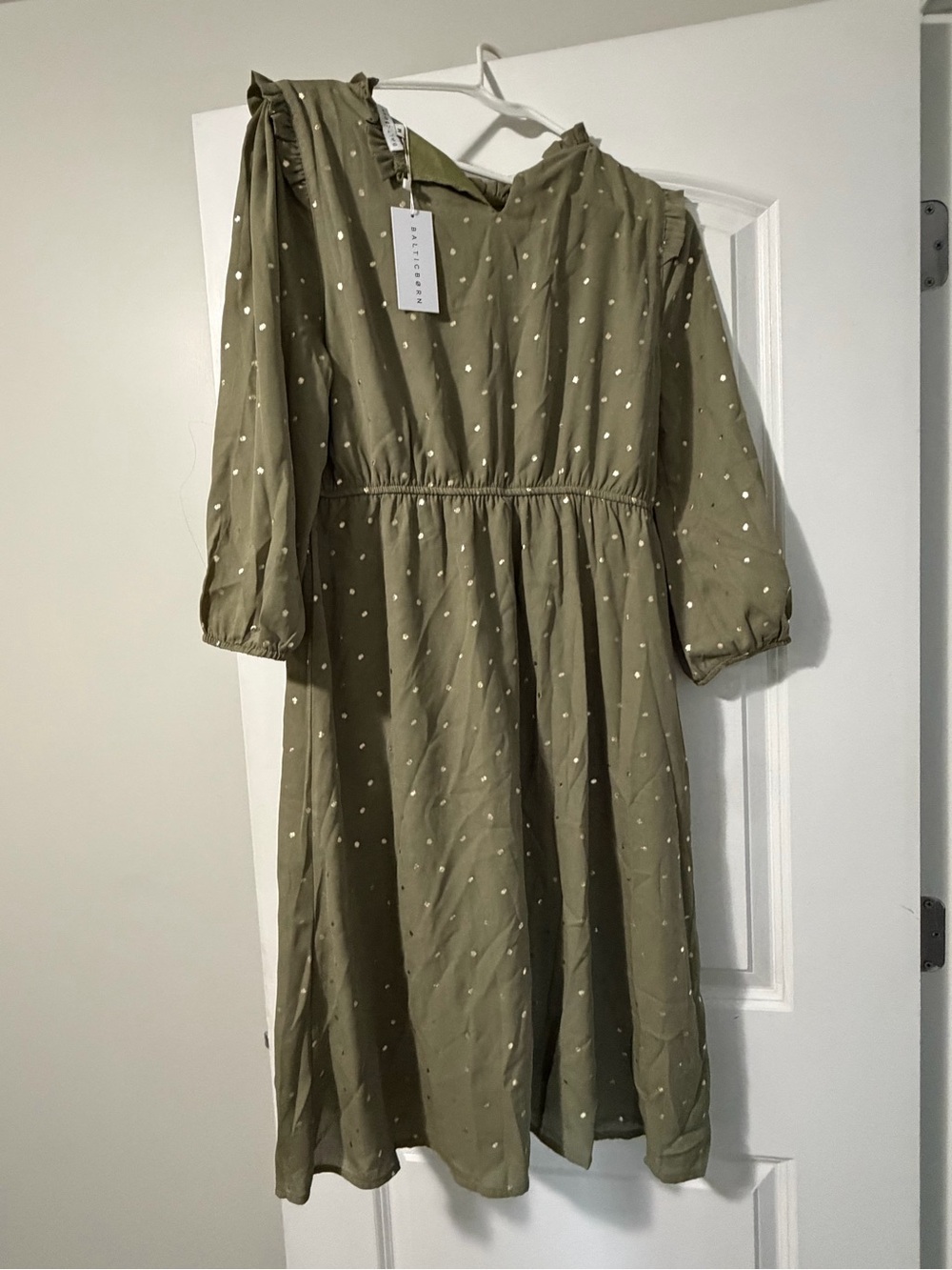 Baltic Born Olive Green Polka Dot Midi Dress with Ruffle Neck